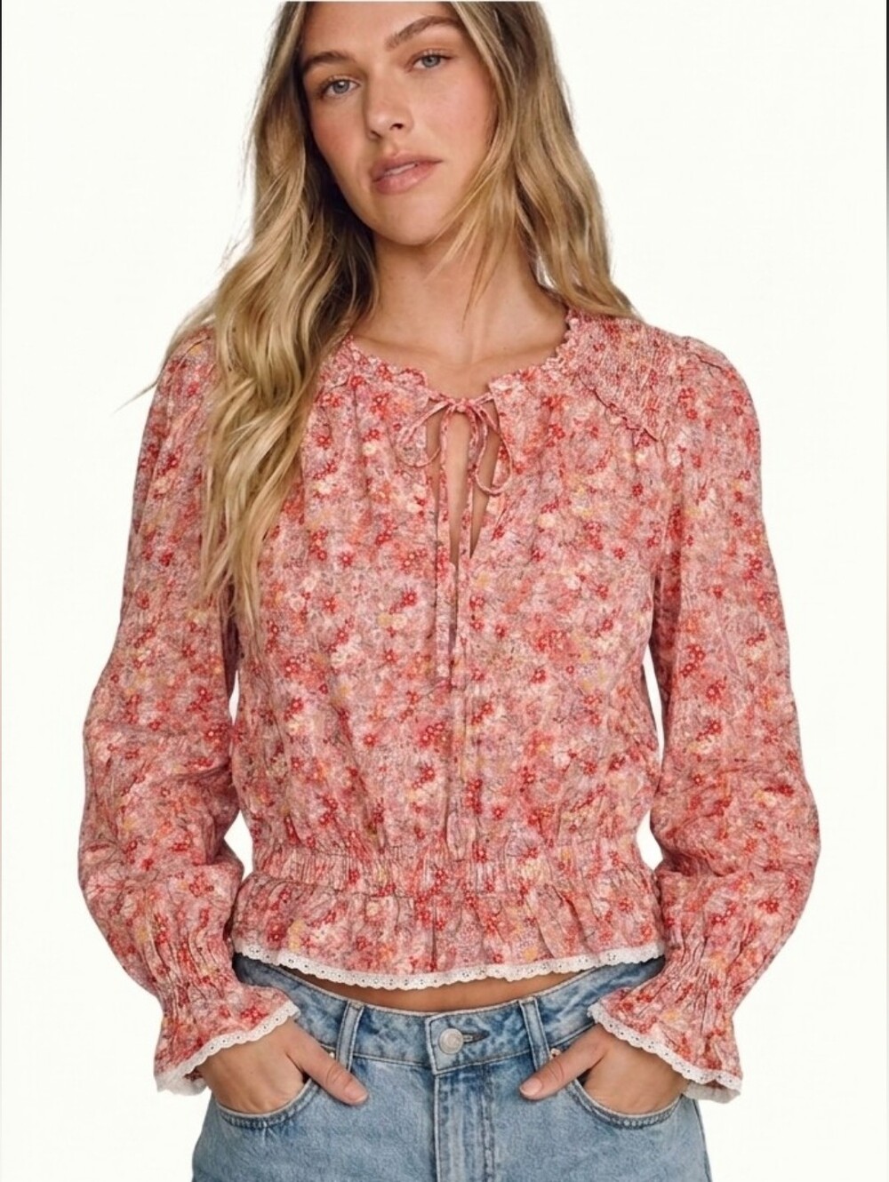 AE Long-Sleeve Smocked Blouse balloon sleeves Daisy floral pink peach xs